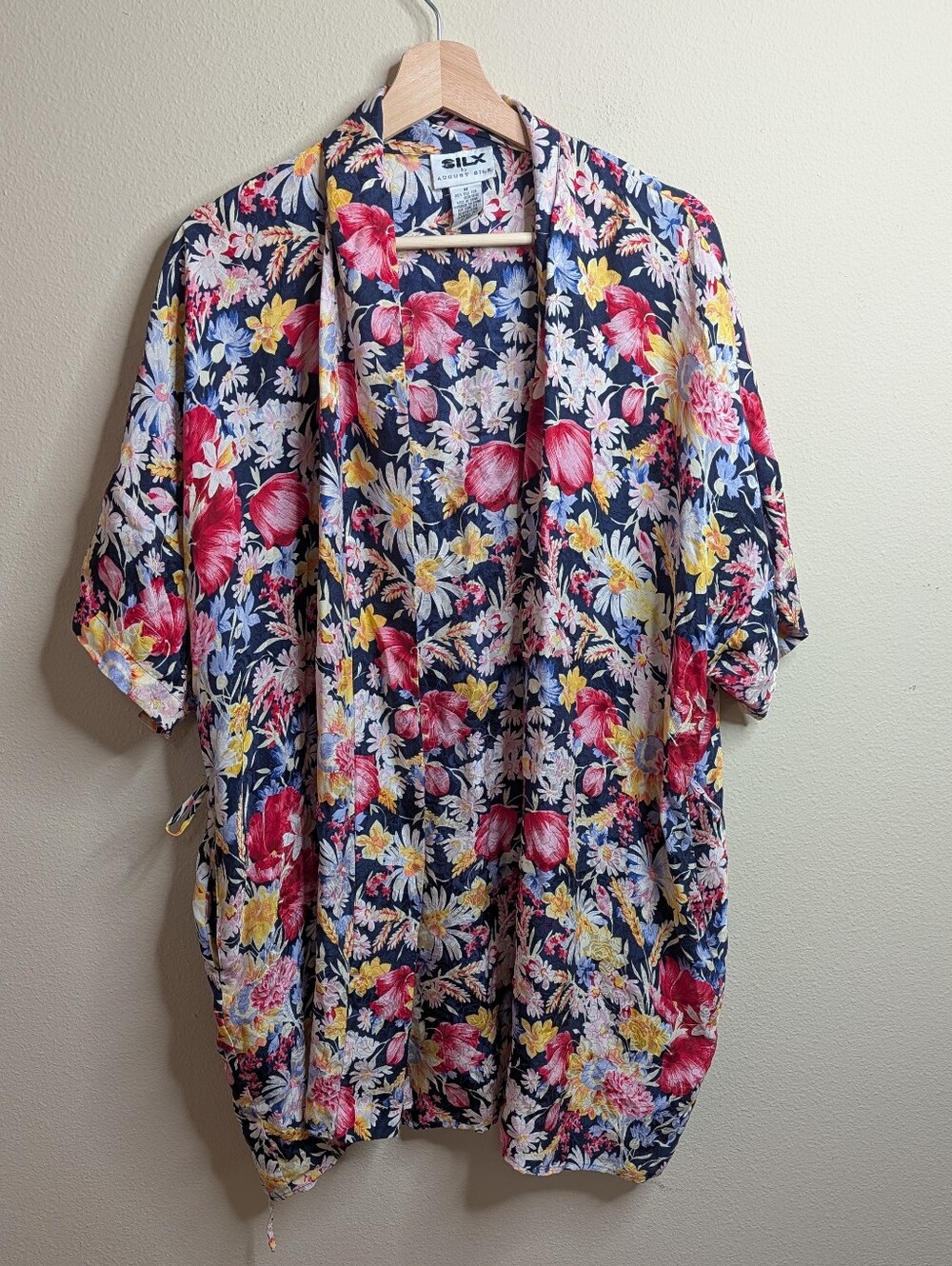 Silx by August Silk Vintage Kimono Cardigan Navy Floral 100% Silk Size‎ M